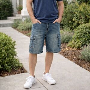 Artful Rebel Men’s Cargo Denim Shorts Multiple Pockets Blue Size 38W